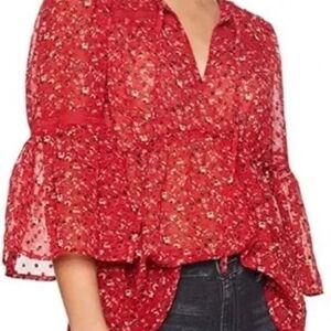 Lucky Brand Red Bell Sleeve Blouse with Tie Front